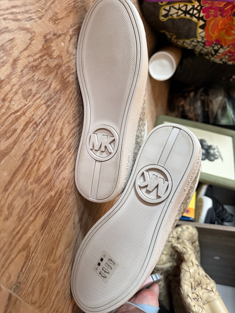 Michael Kors Beige and White Monogram Zip-Front Slip-On Sneakers - Picture 7 of 9